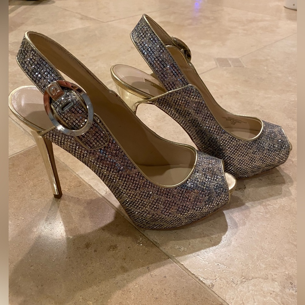 Guess pump sling backs, glitter and gold, size 7.5